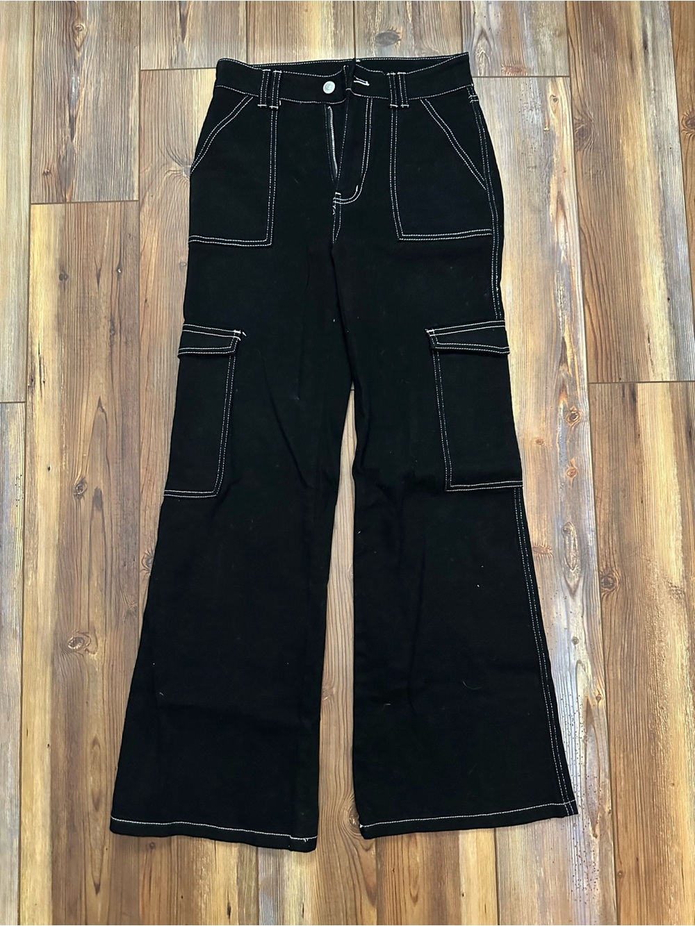 Altar'd State Black Wide-Leg Cargo Jeans with Contrast Stitching